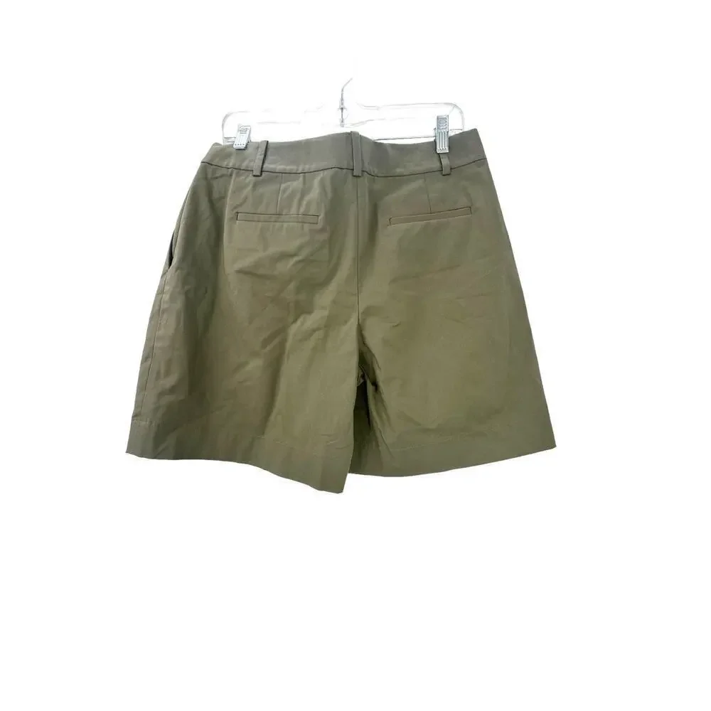 Theory High-Rise Pleated Shorts in Stretch Cotton Twill Olive Size 10 NWOT